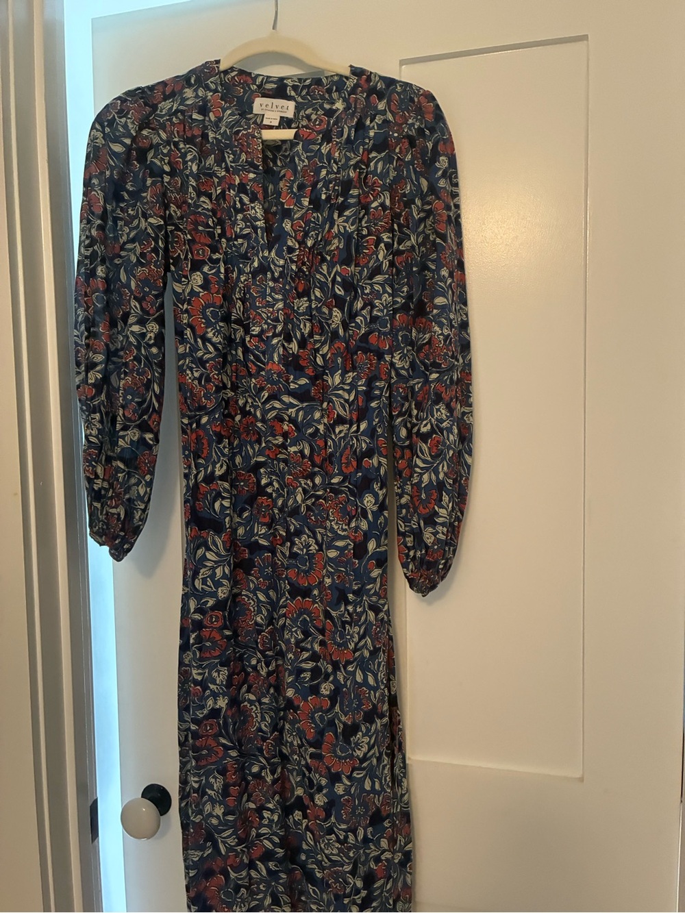 Velvet by Graham & Spencer Navy Floral Long Sleeve Midi with Red & Cream Blooms